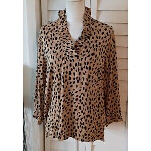 Crown & Ivy Tan Meow Leopard Print Ruffleneck long sleeve blouse L NEW